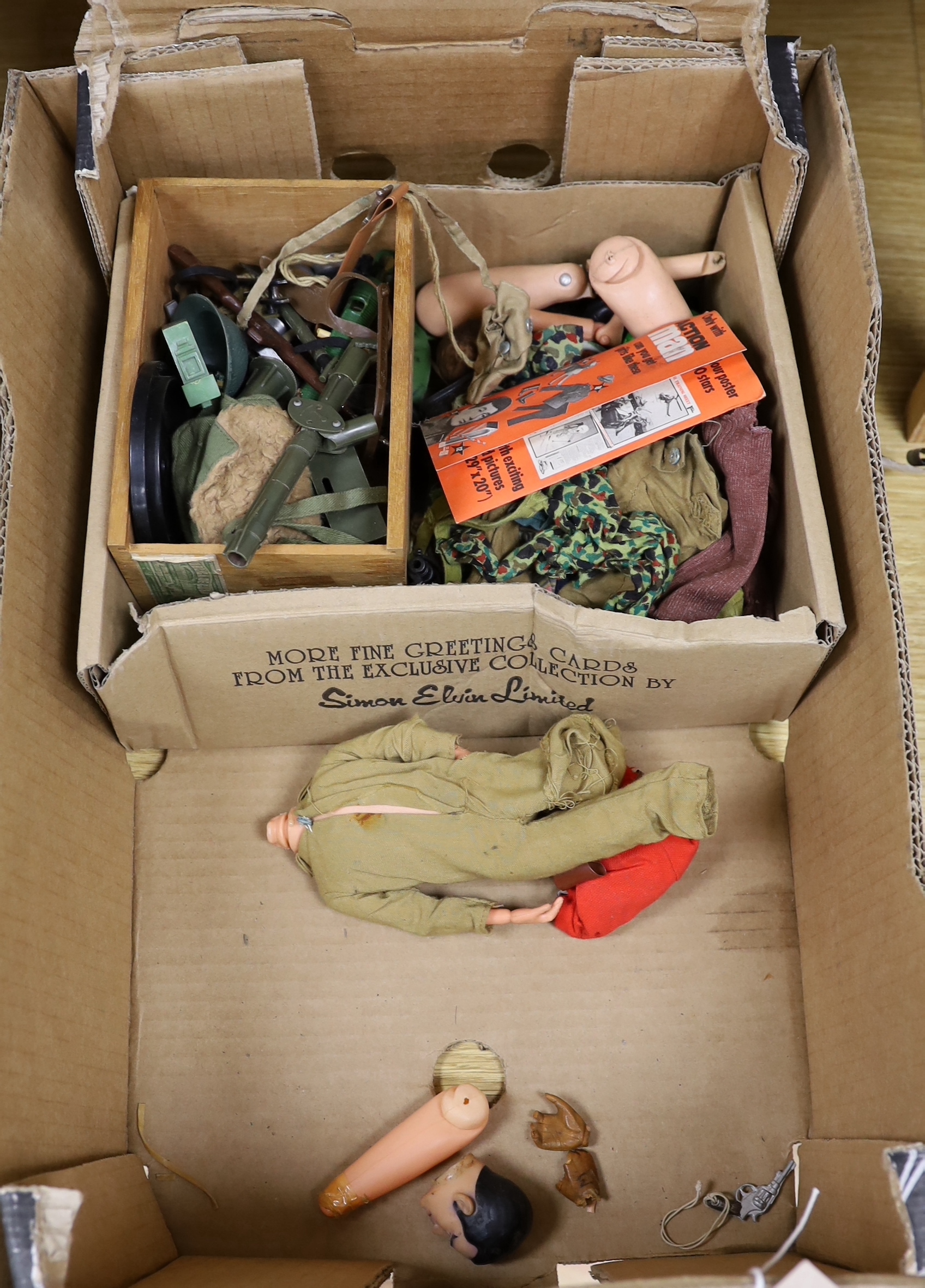 Nine 1960s/70s Action Man figures together with clothes and some accessories (a.f.)